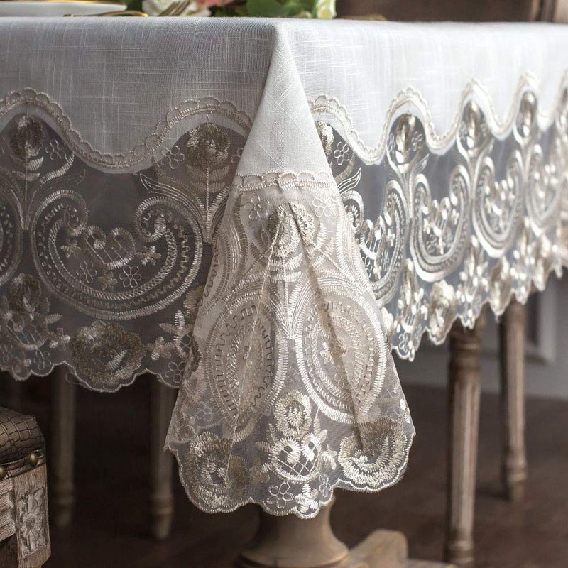 ARTABLE Lace Rectangular Tablecloths with Exquisite Macrame Border Clear Embroidered Kitchen Holidays Fabric Tablecloth (Beige, 60 x 84 Inch) - Image 1
