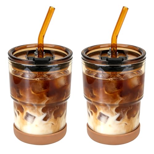 Zukro 13 oz400ml Glass Cups with Lid and Straw NonSlip Silicone Bottom Leak Proof Thick Wall Glass Tumbler for Iced Coffee Tea Water Drinking Glasses for HomeOffice BPA Free Amber 2 Pack - Image 1