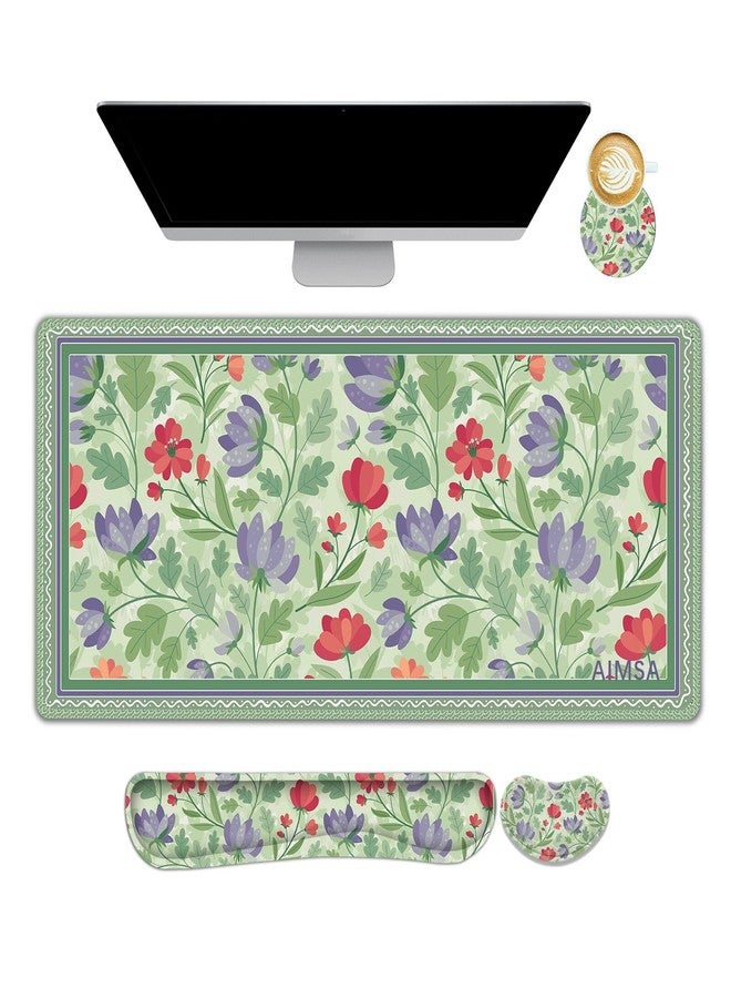 AIMSA Gaming Mouse Pad Wrist Support Set, Desk Pad +Mouse Wrist Rest +Keyboard Wrist Rest +Coaster, 4in1 Ergonomic Mouse Pad Combo for Home Office -Red Purple Flower - Image 1