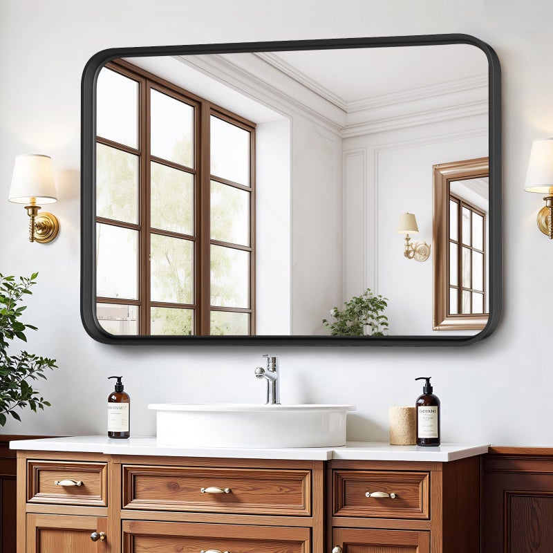 Atilioo Bathroom Mirror for Wall, 30x22 Inch Rounded Rectangle Mirror, Black Metal Framed Bathroom Vanity Mirror for Restroom Farmhouse, Anti-Rust, Tempered Glass, Horizontally or Vertically Hanging - Image 2