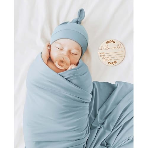 MairMore Baby Swaddle Receiving Blankets with Matching Beanie Set Newborn Nursery Swaddle Wrap for Baby Girls and Boys (Blue) - Image 2