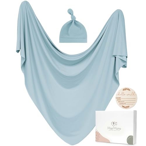 MairMore Baby Swaddle Receiving Blankets with Matching Beanie Set Newborn Nursery Swaddle Wrap for Baby Girls and Boys (Blue) - Image 1