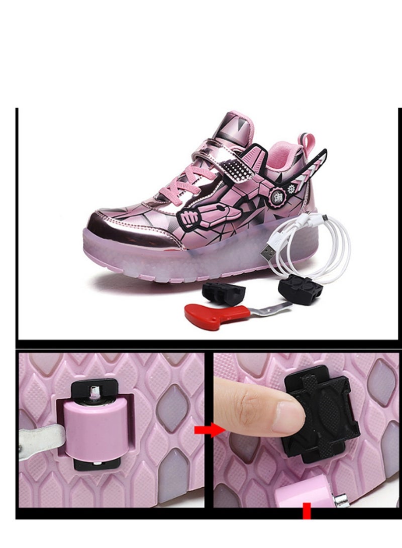 Loquat USB Charging LED Flash Walking Shoes Boys And Girls Children Roller Skates Pink - Image 2