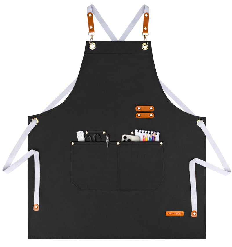 Teskyer Kitchen Cooking Apron with 4 Pockets, Water Oil Resistant, Canvas Cross Back Aprons for Men Women Chef Server - Black - Image 1