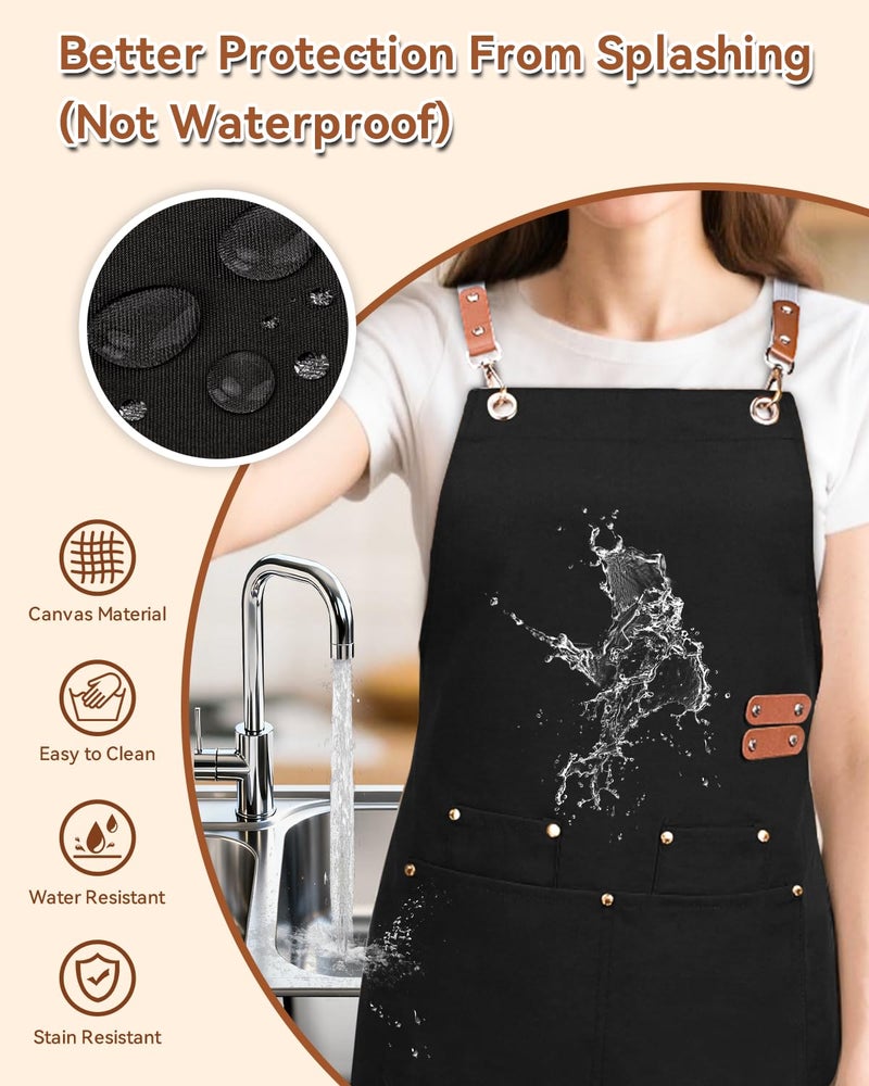 Teskyer Kitchen Cooking Apron with 4 Pockets, Water Oil Resistant, Canvas Cross Back Aprons for Men Women Chef Server - Black - Image 2