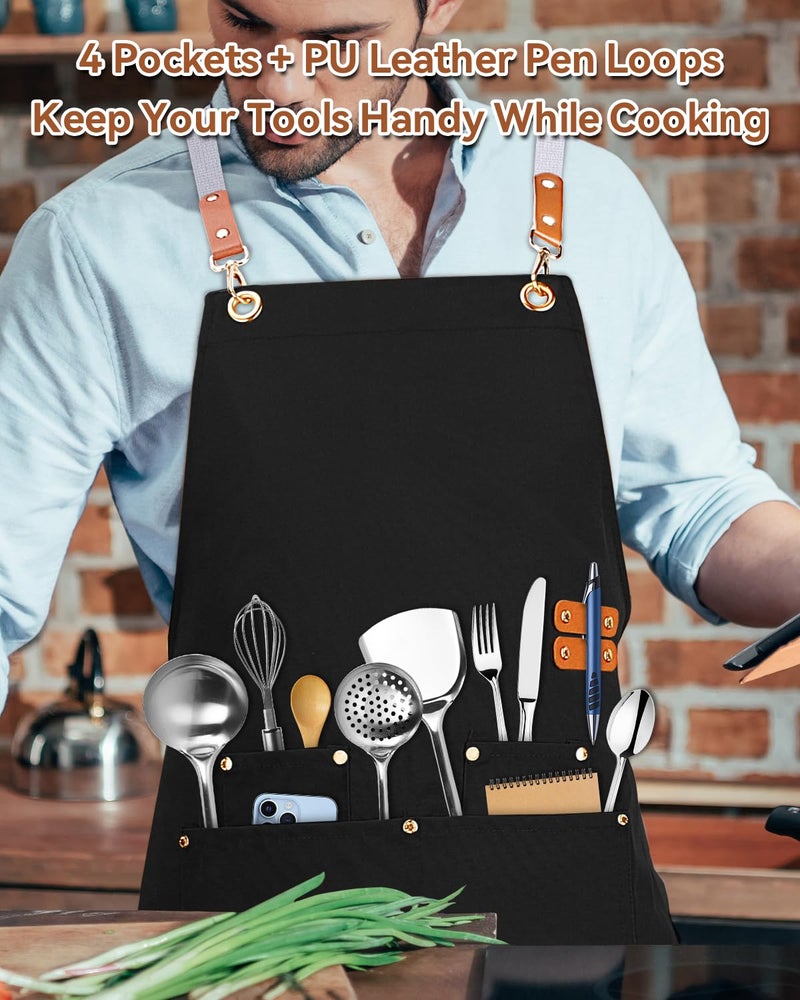 Teskyer Kitchen Cooking Apron with 4 Pockets, Water Oil Resistant, Canvas Cross Back Aprons for Men Women Chef Server - Black - Image 3