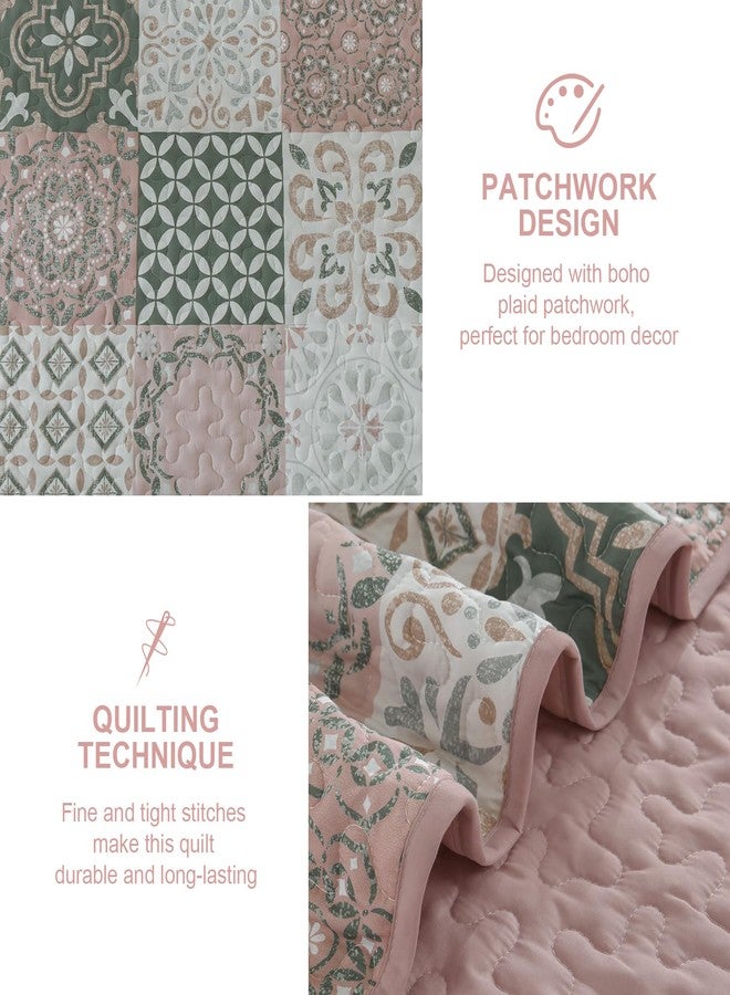Dobuyly Boho Patchwork Quilt Set Queen Size, Blush Pink/Grey Plaid Bedspread Coverlet Set, 3 Pieces Soft Lightweight Farmhouse Quilt Bedding Set for All Seasons 96"x90" - Image 4