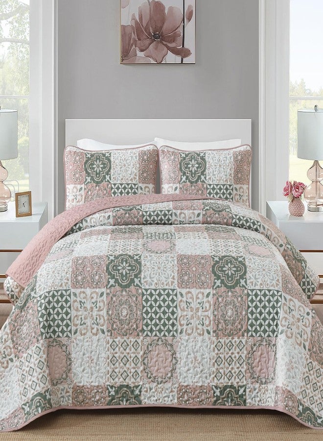 Dobuyly Boho Patchwork Quilt Set Queen Size, Blush Pink/Grey Plaid Bedspread Coverlet Set, 3 Pieces Soft Lightweight Farmhouse Quilt Bedding Set for All Seasons 96"x90" - Image 1