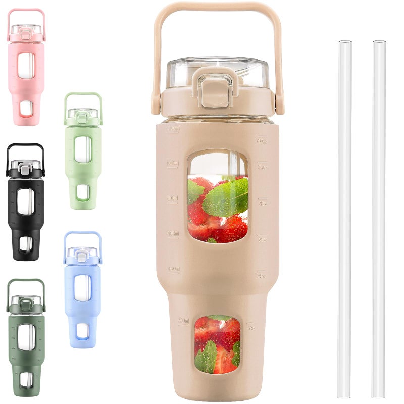 BLUEGO 40 oz Glass Water Bottles with Straw Time Marker  Glass Tumbler with Handle Top Lids  Easy to Clean  Fits in Car Cup Holder  Leakproof Jug for Gym  Sports  Workout & Daily  Amber - Image 1