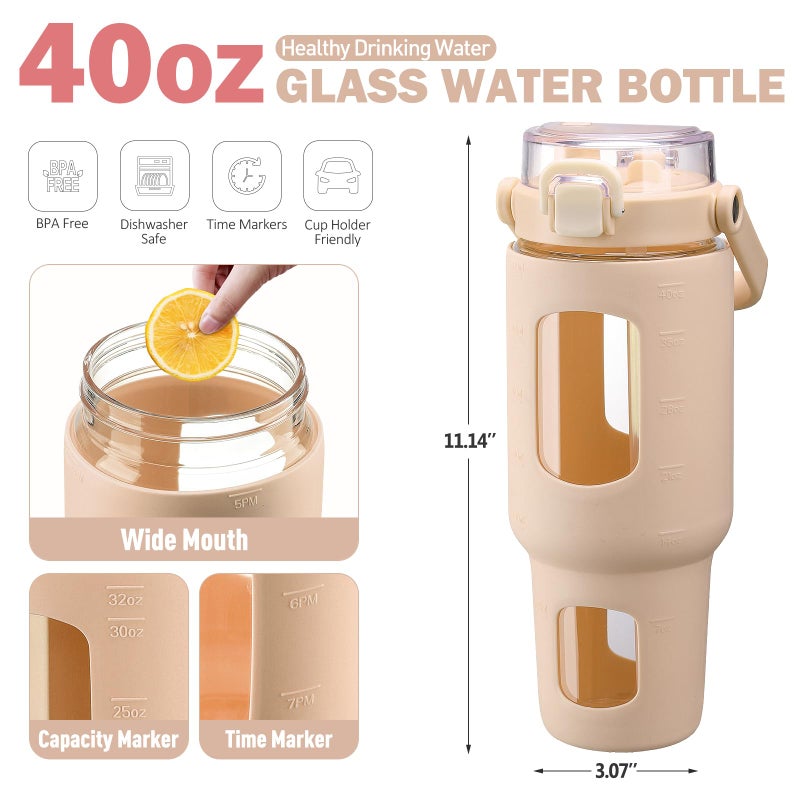 BLUEGO 40 oz Glass Water Bottles with Straw Time Marker  Glass Tumbler with Handle Top Lids  Easy to Clean  Fits in Car Cup Holder  Leakproof Jug for Gym  Sports  Workout & Daily  Amber - Image 2