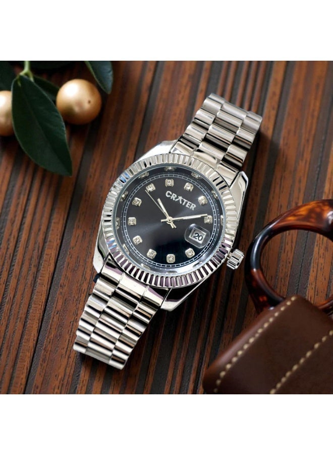 كريتر  طقم رجالي فاخر يتكون من ساعة تصميم ملكي من الستانلس ستيل، مينا كلاسيكي مع عرض التاريخ مقاومة للماء وسبحة وقلم وازرار اكمام - Image 2
