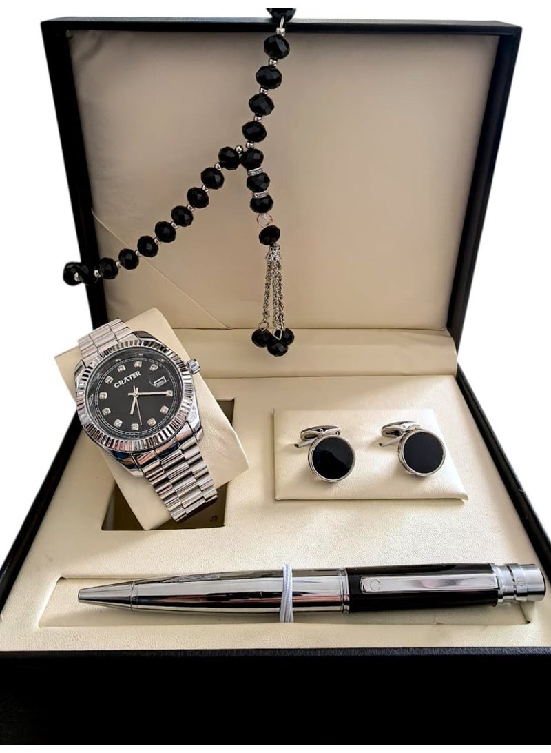 كريتر  طقم رجالي فاخر يتكون من ساعة تصميم ملكي من الستانلس ستيل، مينا كلاسيكي مع عرض التاريخ مقاومة للماء وسبحة وقلم وازرار اكمام - Image 1