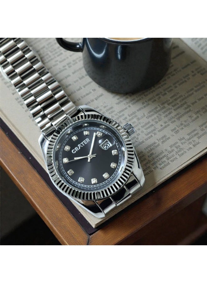 كريتر  طقم رجالي فاخر يتكون من ساعة تصميم ملكي من الستانلس ستيل، مينا كلاسيكي مع عرض التاريخ مقاومة للماء وسبحة وقلم وازرار اكمام - Image 4