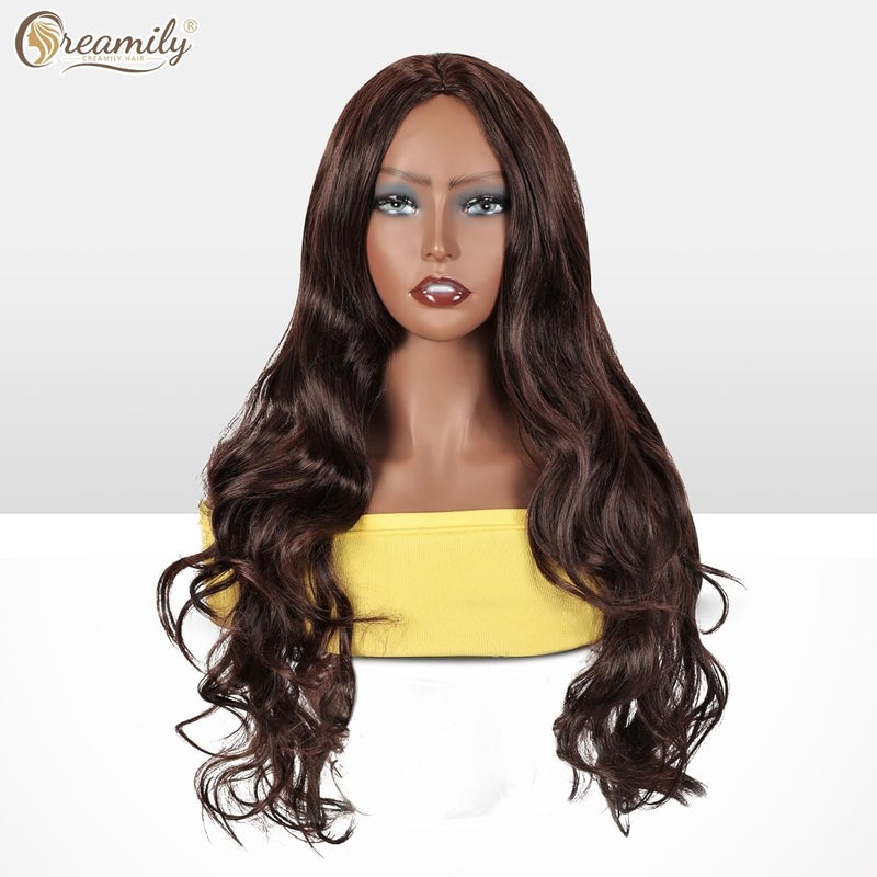 Creamily Full Head Hair WigsBrown Long Hair Wigs For WomenNatural Looking Curly Hair Wig With Middle Part Synthetic Wigs For Daily Use Hair Week For Women Ladies Hair Wig 24Inch Brown - Image 2