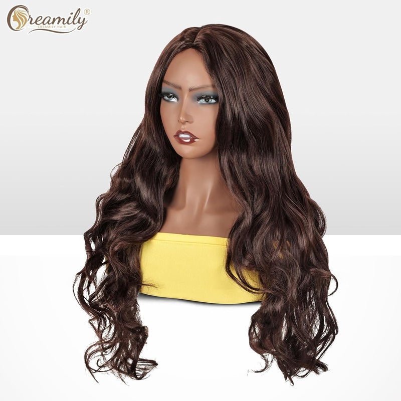 Creamily Full Head Hair WigsBrown Long Hair Wigs For WomenNatural Looking Curly Hair Wig With Middle Part Synthetic Wigs For Daily Use Hair Week For Women Ladies Hair Wig 24Inch Brown - Image 4