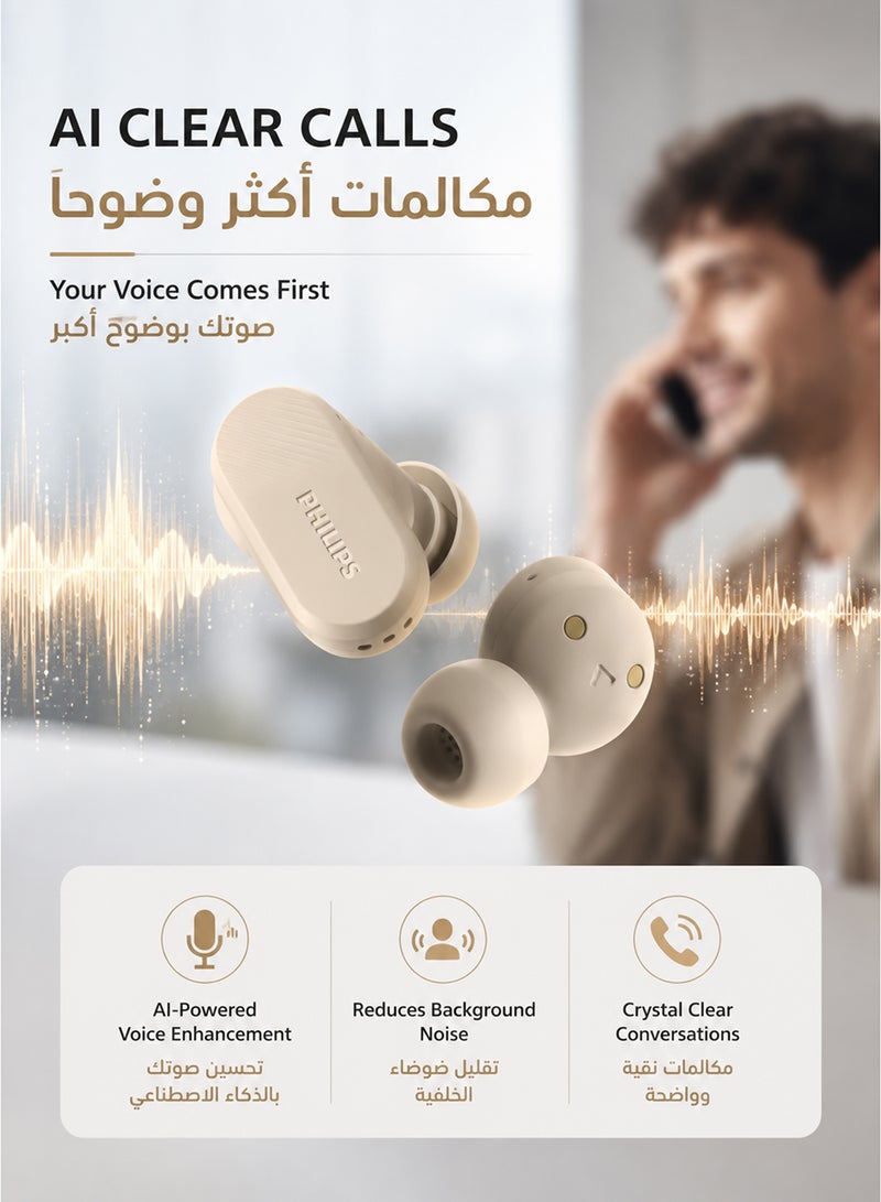 Philips True Wireless Earbuds, TWS Bluetooth 5.3 with Hybrid ANC, AI Clear Calls, Dynamic Bass Boost, IPX4 Waterproof, Touch Controls, USB-C Charging Case, Up to 24H Battery Life, TAT3509,   Beige beige - Image 3