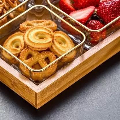 Home Stuffs Square Glass Bowls Set with Wood Tray Condiment Dishes Serving Bowls Buffet Server Food Display Relish Tray for Fruit Dessert Appetizer Nuts Snacks Candy Chip Dip Clear Pack of 1 - Image 4