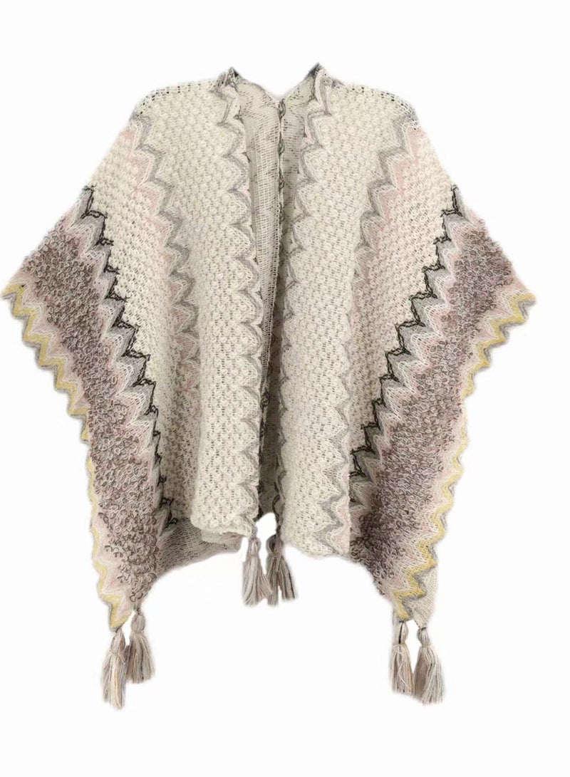 Women's Knitted Ethnic Cape with Tassels - Bohemian Style, One Size