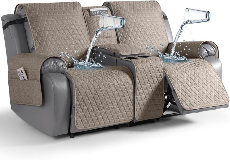 TAOCOCO 100% Waterproof Loveseat Recliner Cover with Console, Non-Slip Washable Reclining Couch Cover for 2 Seats, Furniture Protector for Dogs, Taupe - Image 1