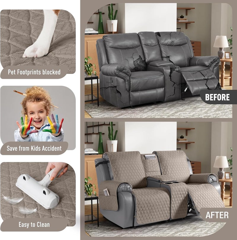 TAOCOCO 100% Waterproof Loveseat Recliner Cover with Console, Non-Slip Washable Reclining Couch Cover for 2 Seats, Furniture Protector for Dogs, Taupe - Image 2