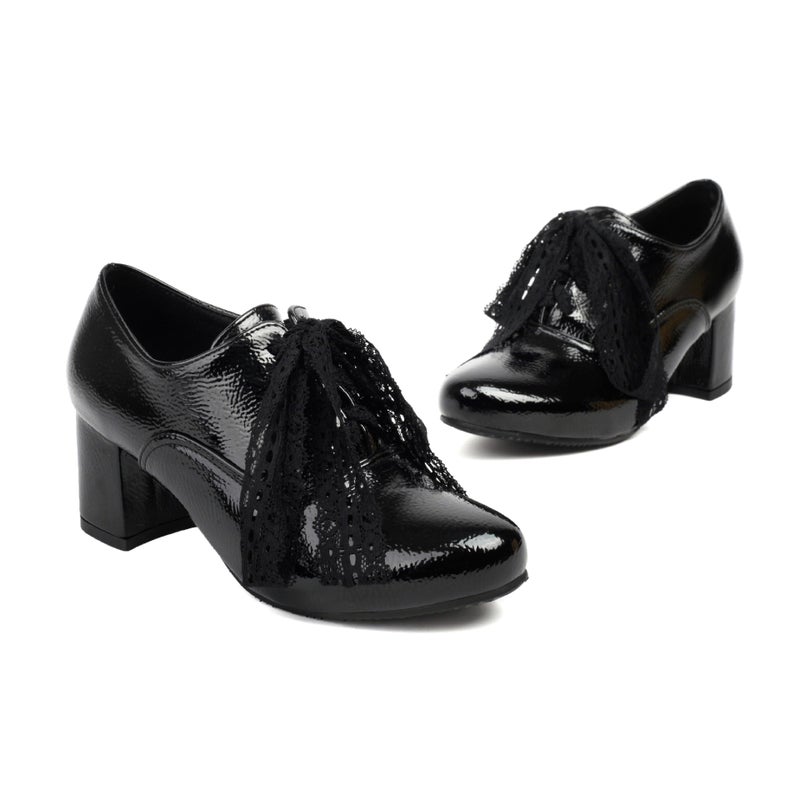 Supply High Heel Paint 40-48 Round Head Thick Heel Lace-Up Korean Ribbon Work Shoes - Image 1