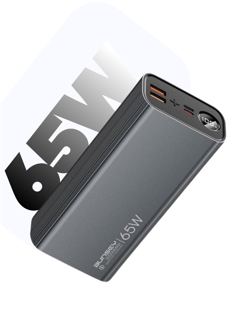 بونسي باور بانك من بنزي، سعة 30000 مللي أمبير/ساعة، شحن سريع 65 واط، منفذا USB + منفذا PD، مدخل مزدوج، 4 مخارج، شاحن عالي السرعة لأجهزة متعددة - متوافق مع أجهزة iPhone وSamsung وHuawei وXiaomi وجميع أجهزة USB-C | رمادي - Image 1