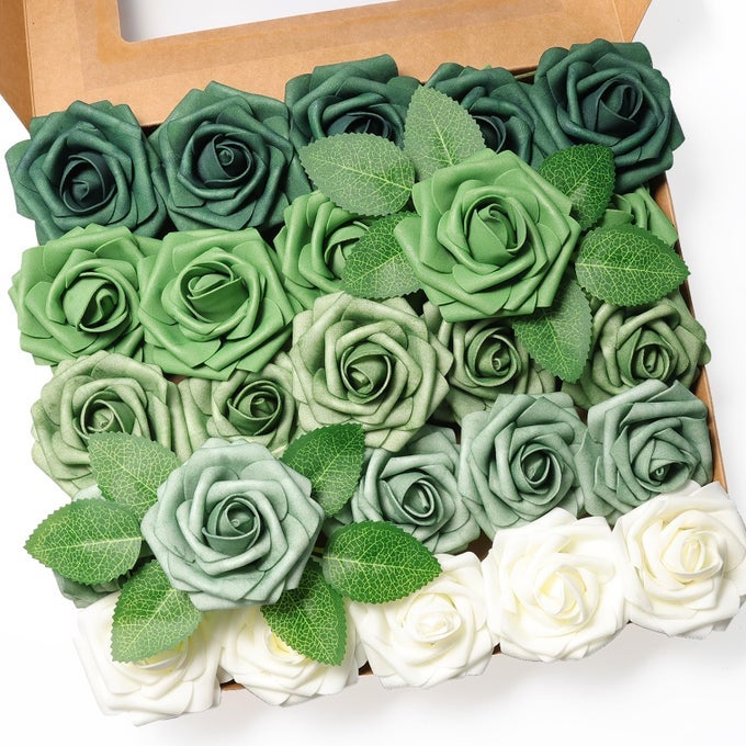 25PCS ARTIFICIAL FLOWERREAL LOOKING FOAM ROSES WSTEM FOR DIY WEDDING BOUQUETS CENTERPIECES BRIDAL SHOWER PARTY DECORSHADES OF ARMY GREEN