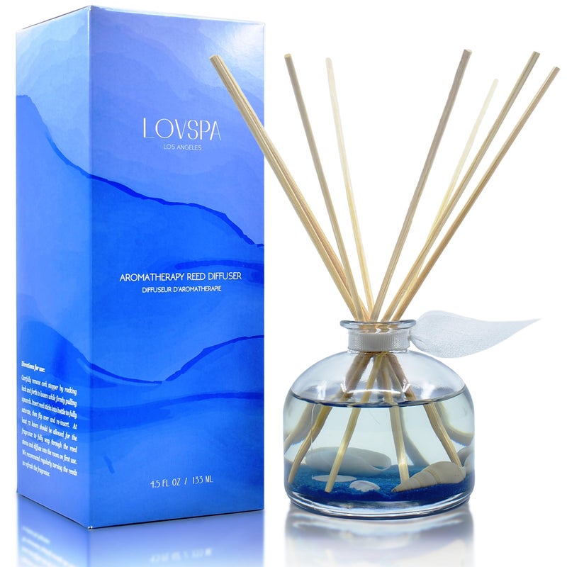 LOVSPA Reed Diffuser Set, Escape Beach Getaway Scented Oil Diffuser with Sticks, Home Fragrance Accessories for Bathroom Shelf Decor, Aroma Diffusers for Home or Office Desk, USA Made - Image 1