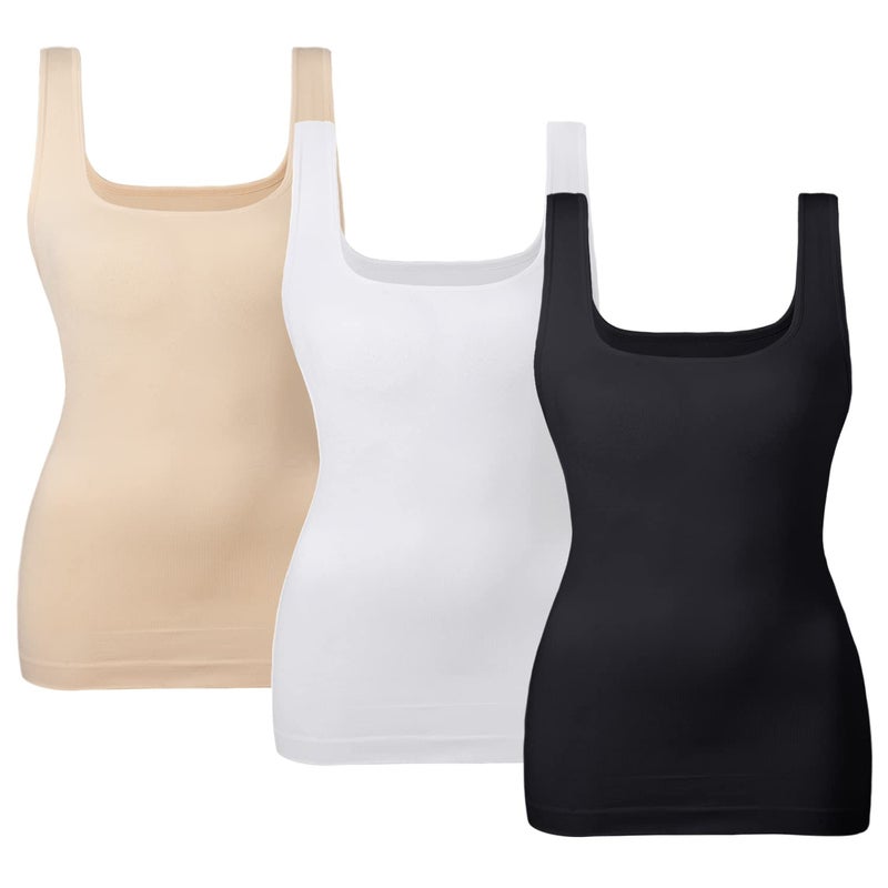 EUYZOU نساء 3PK تحكم البطن ملابس داخلية بلا seams بأكتاف مربعة ضغط نحيف شكل الجسم قميص - أسود/أبيض/عاري XL - Image 1