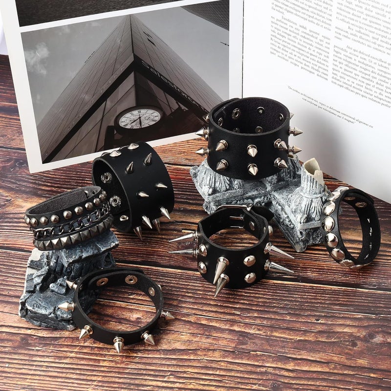 Mafnee Store Leather Cuff Bracelet Punk Bracelet Rock Braided Rivets Wristband for Men Women Adjustable - Image 3