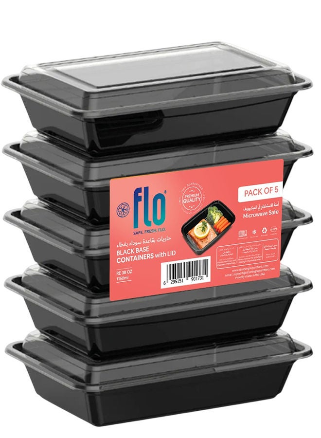 فلو عبوات طعام مستطيلة الشكل للاستخدام مرة واحدة، مناسبة للميكروويف، مع غطاء، قاعدة سوداء، سعة 1150 مل، عبوة من 5 قطع - Image 1