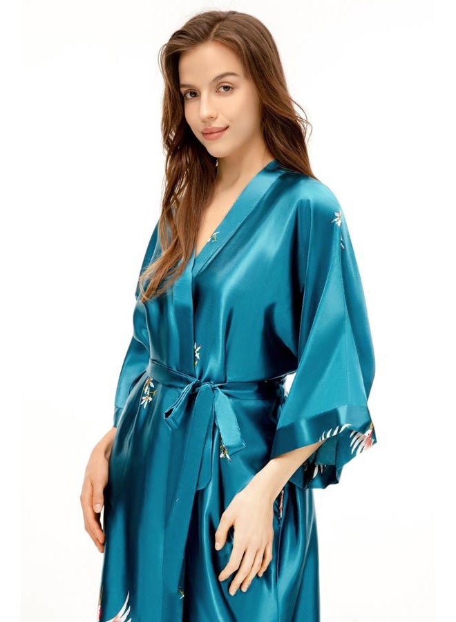 ProDesign Long Kimono Robe Satin Sleepwear Phoenix Handprinted Silky Kimono Nightgown Bathrobe Kimono Blouse Cardigan - Image 5