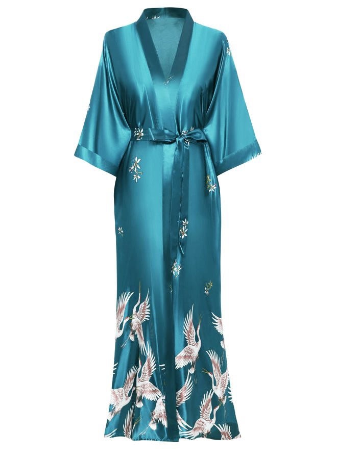 ProDesign Long Kimono Robe Satin Sleepwear Phoenix Handprinted Silky Kimono Nightgown Bathrobe Kimono Blouse Cardigan - Image 1