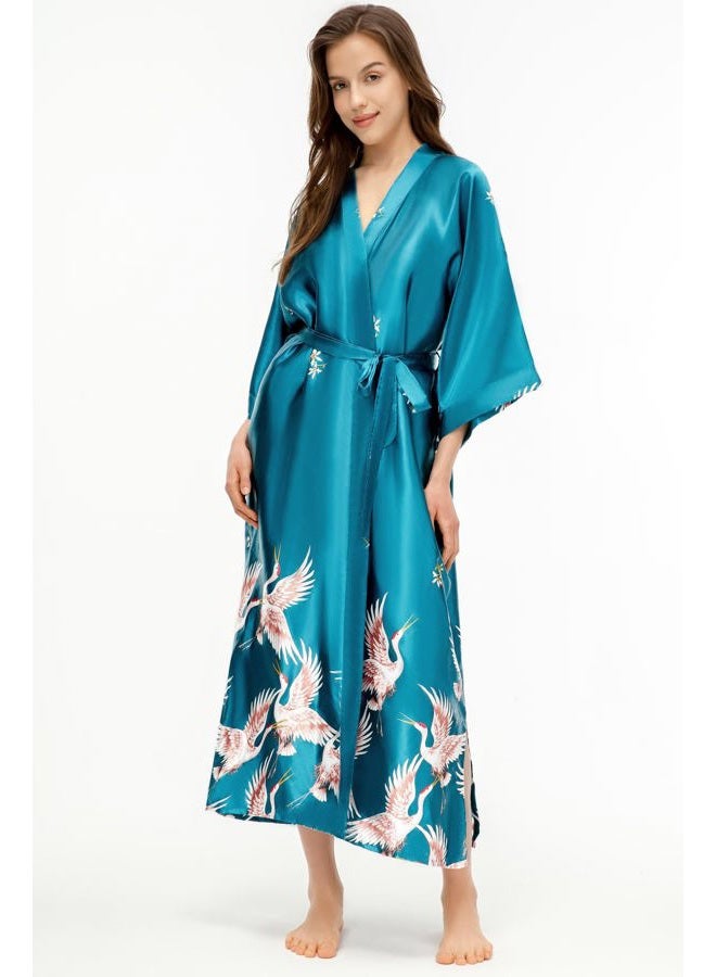 ProDesign Long Kimono Robe Satin Sleepwear Phoenix Handprinted Silky Kimono Nightgown Bathrobe Kimono Blouse Cardigan - Image 3