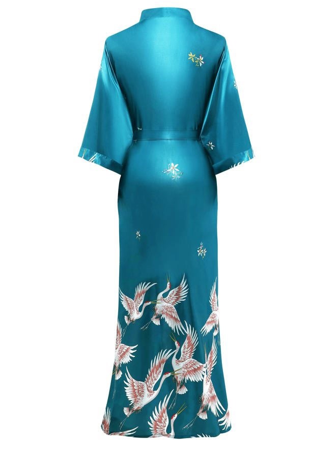 ProDesign Long Kimono Robe Satin Sleepwear Phoenix Handprinted Silky Kimono Nightgown Bathrobe Kimono Blouse Cardigan - Image 2