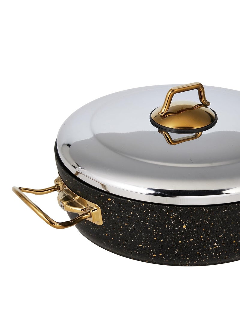 7-Piece Granitec Cookware Set - Stainless Steel Lids - 2 Deep Pots - 1 Low Pot - 1 Frypan - Non-Stick Surface - PFOA Free - Black & Gold