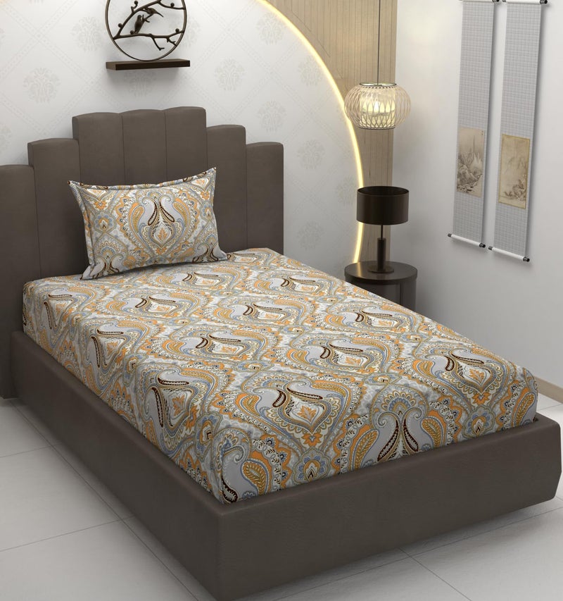 TIB Glace Cotton Elastic Fitted Bedsheets Single Bed 36x78x8 Inches with 1 Pillow Covers, 210TC (Cream paan, Single) - Image 1