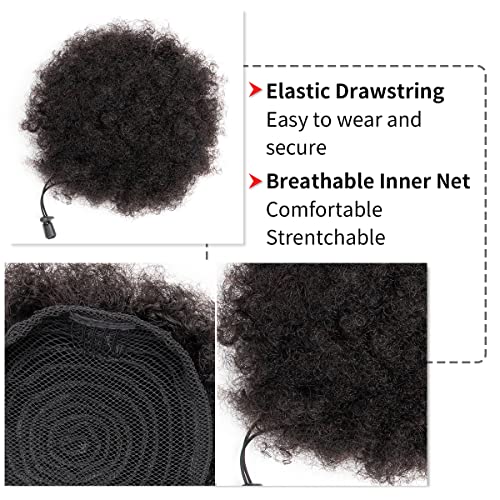 FEIPRO Afro Puff Drawstring Ponytail Human Hair Small Kinky Curly Ponytail Buns Hairpieces 8A Brazilian Virgin Hair Short Clip In Ponytails for Black Women Girls Kids 6 Inch Natural Black - Image 2