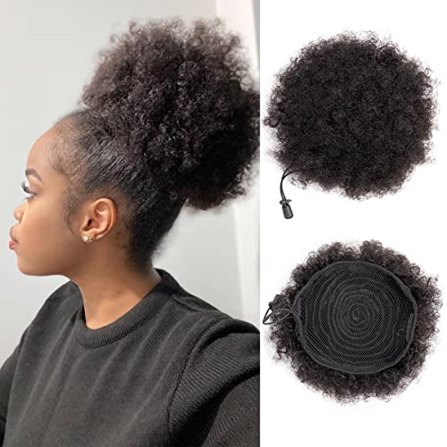 FEIPRO Afro Puff Drawstring Ponytail Human Hair Small Kinky Curly Ponytail Buns Hairpieces 8A Brazilian Virgin Hair Short Clip In Ponytails for Black Women Girls Kids 6 Inch Natural Black - Image 1