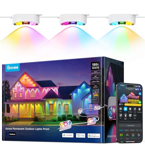 Govee Permanent Outdoor Lights Prism 150ft with 54 TripleColor Lighting Heads 100 Scene Modes Up to 60lm for Outdoor Decor IP68 Waterproof Works with Alexa Google Assistant Matter White - Image 1