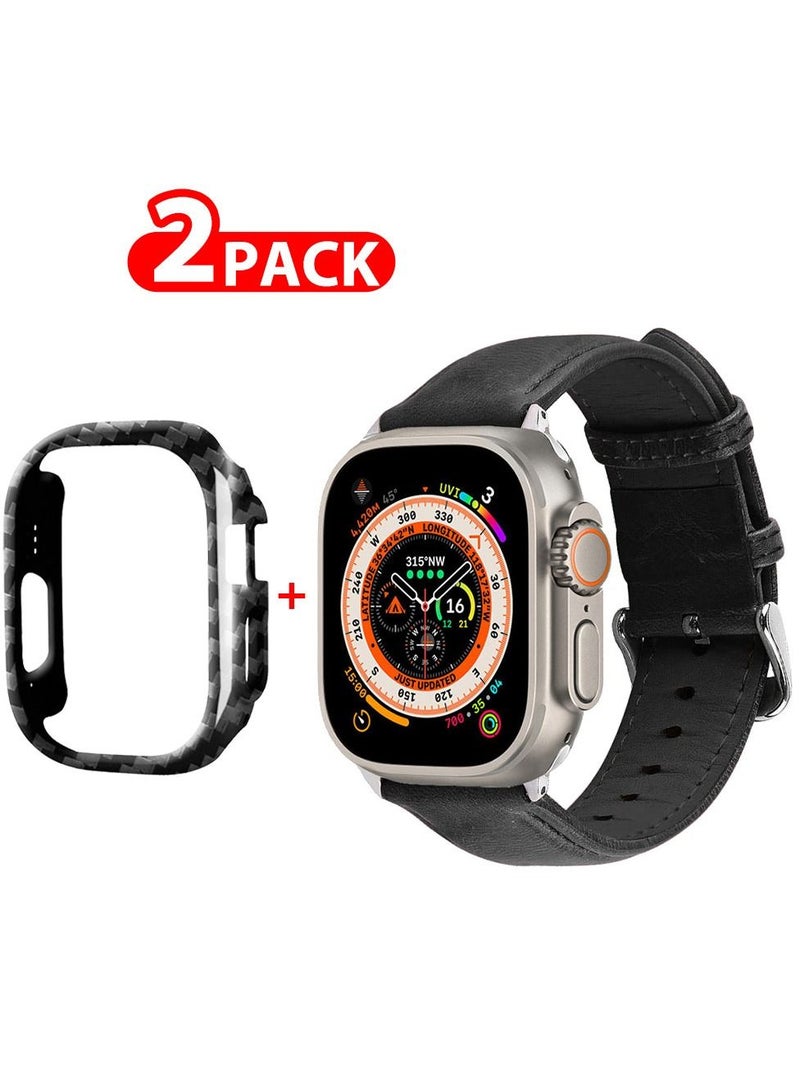 CATANES 2 Packs For Apple Watch Band 49mm Leather Band Buckle Strap Wristband and Carbon Fiber Case Holder Black - Image 1