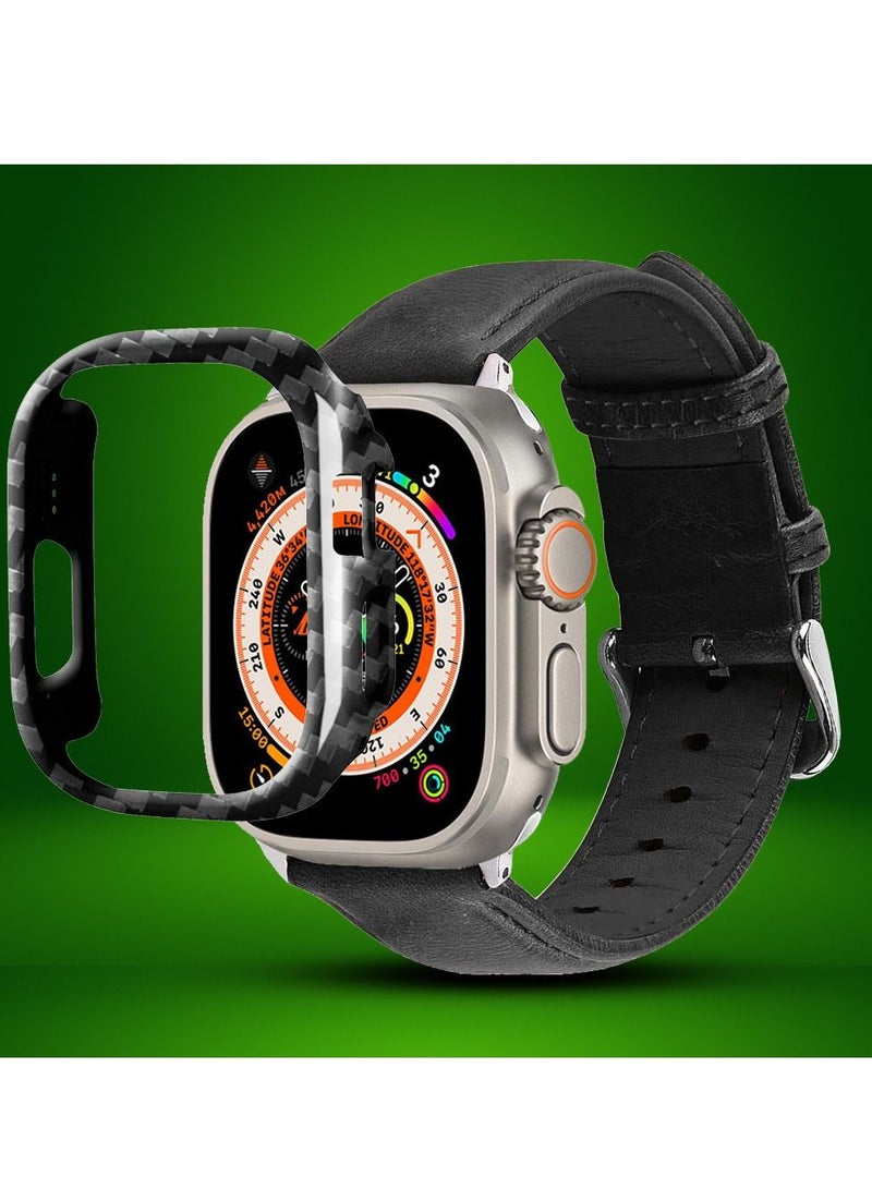 CATANES 2 Packs For Apple Watch Band 49mm Leather Band Buckle Strap Wristband and Carbon Fiber Case Holder Black - Image 2