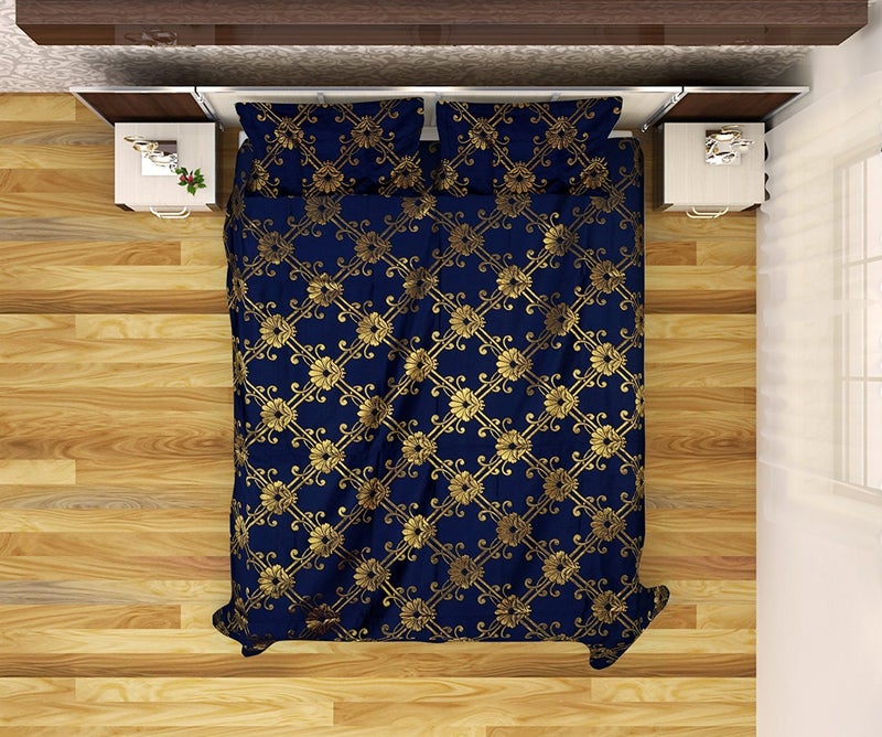 Peponi Cotton Silk Blend 1 Double Bedsheet with 2 Pillow Covers - Floral Blue, Gold - Image 4