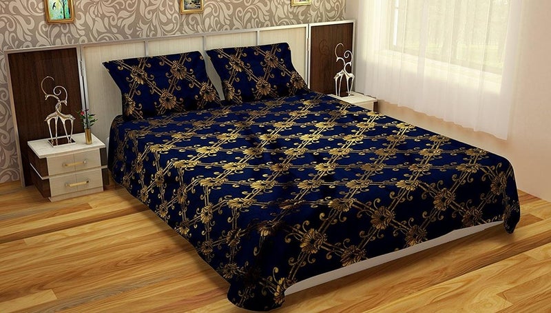 Peponi Cotton Silk Blend 1 Double Bedsheet with 2 Pillow Covers - Floral Blue, Gold - Image 1