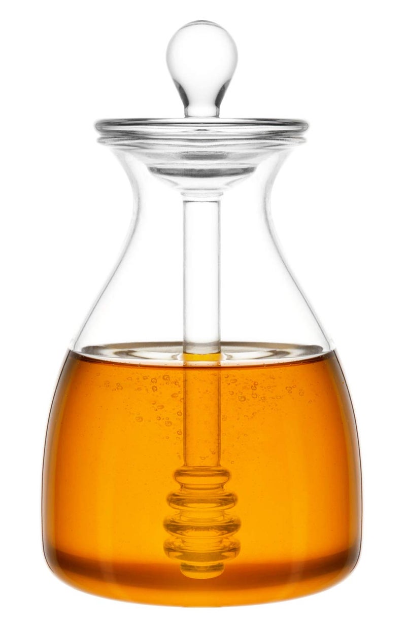 Mkono Honey Dispenser Glass Honey Pot Honey Jar with Dipper Sticks and Lid Cover Honey Containers Holder for Home Kitchen 14 Ounces