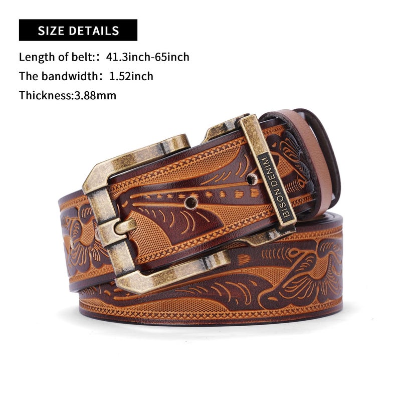 BISON DENIM Men's Genuine Leather Belt, Classic Western Cowboy Dress Belts, Heavy Duty Buckle Jeans Casual Handmade Belt - Image 2