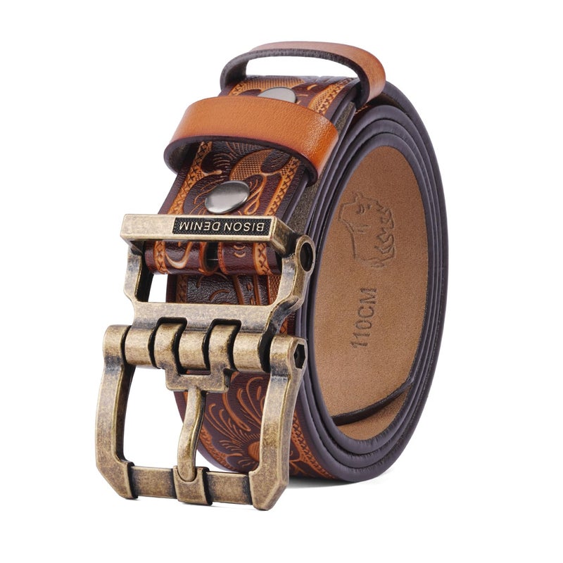 BISON DENIM Men's Genuine Leather Belt, Classic Western Cowboy Dress Belts, Heavy Duty Buckle Jeans Casual Handmade Belt - Image 1