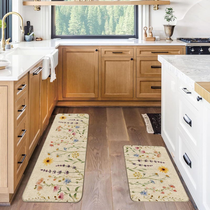 Baccessor Spring Floral Kitchen Mats Set of 2, Vintage Flowers Sunflower Daisy Kitchen Rugs Low-Profile Non-Slip Absorbent Floor Mat 17x29 and 17x47 Inch Home Farmhouse Seasonal Decoration - Image 3