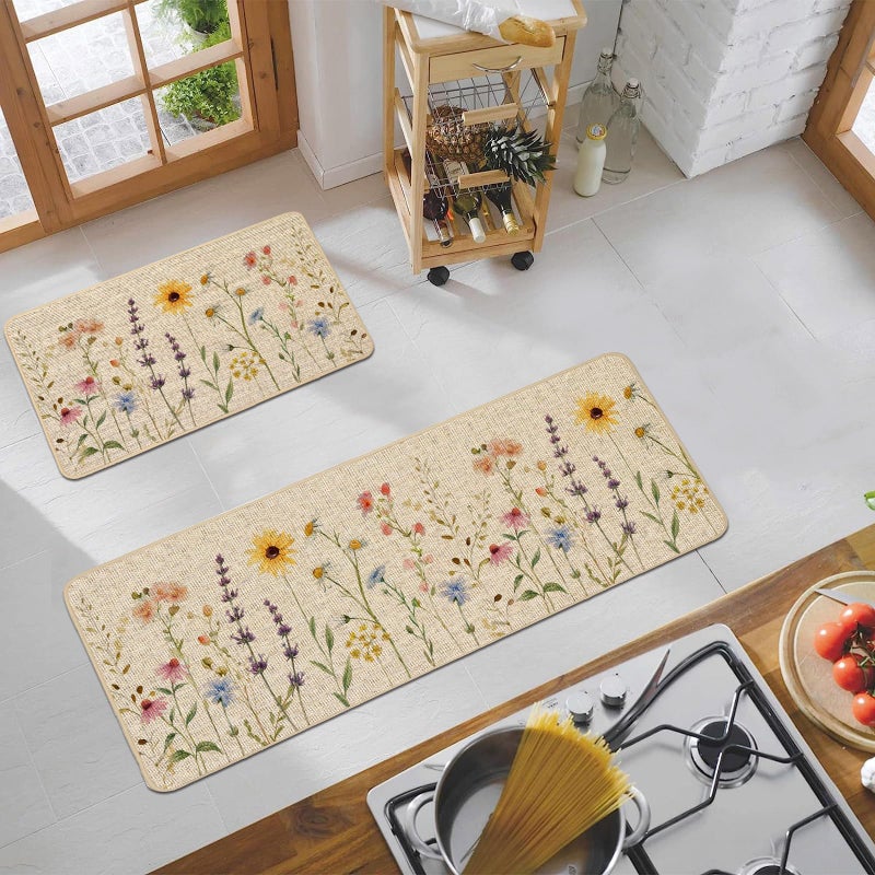 Baccessor Spring Floral Kitchen Mats Set of 2, Vintage Flowers Sunflower Daisy Kitchen Rugs Low-Profile Non-Slip Absorbent Floor Mat 17x29 and 17x47 Inch Home Farmhouse Seasonal Decoration - Image 2