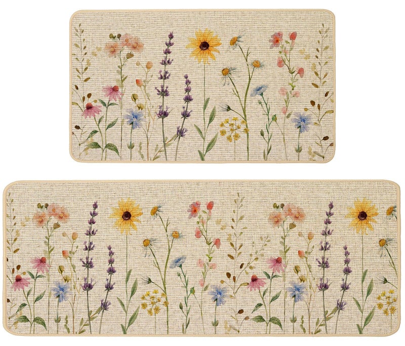 Baccessor Spring Floral Kitchen Mats Set of 2, Vintage Flowers Sunflower Daisy Kitchen Rugs Low-Profile Non-Slip Absorbent Floor Mat 17x29 and 17x47 Inch Home Farmhouse Seasonal Decoration - Image 1